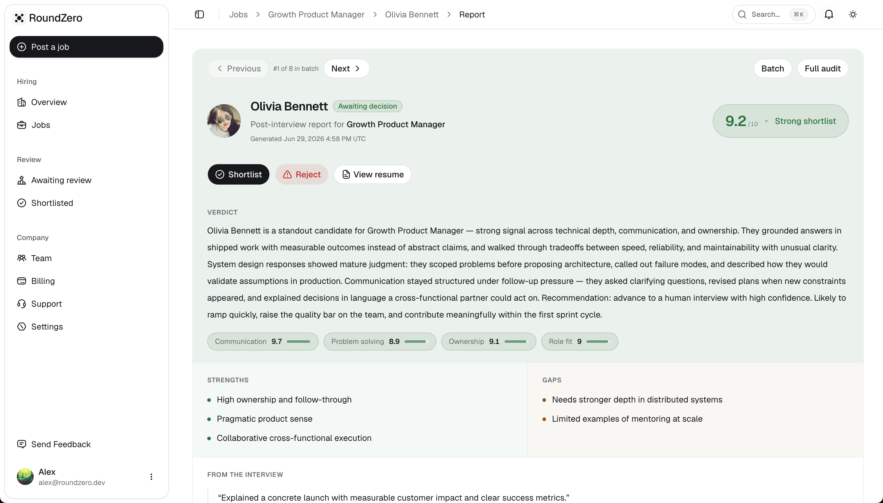 RoundZero application showing the complete candidate report with navigation, recommendation, verdict, and evidence
